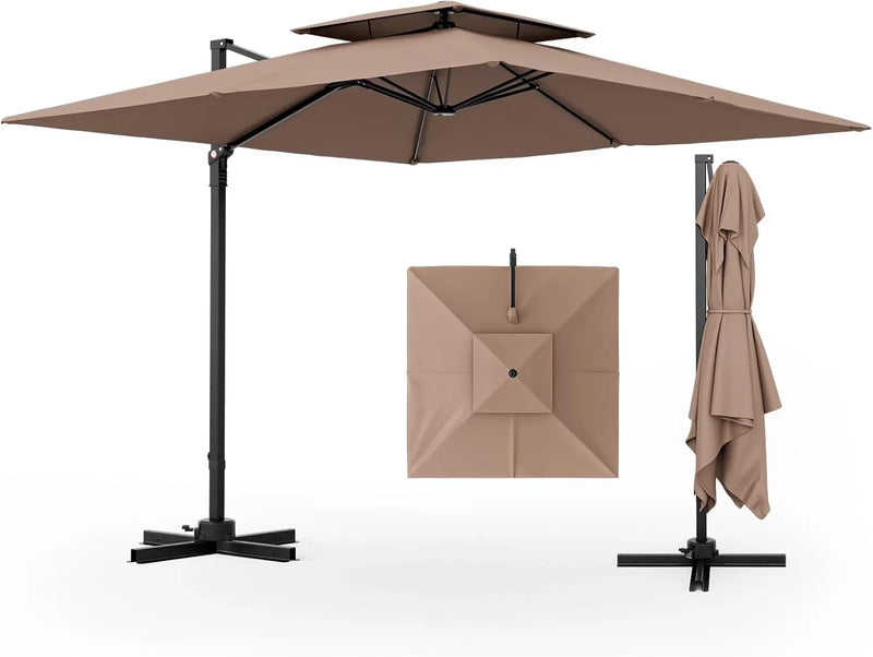 9.5-foot cantilevered patio umbrella, outdoor square offset umbrella, 360° rotatable, double-structured heavy-duty patio hanging umbrella, with cross base, suitable for gardens, patios, swimming pools and backyards. L9369