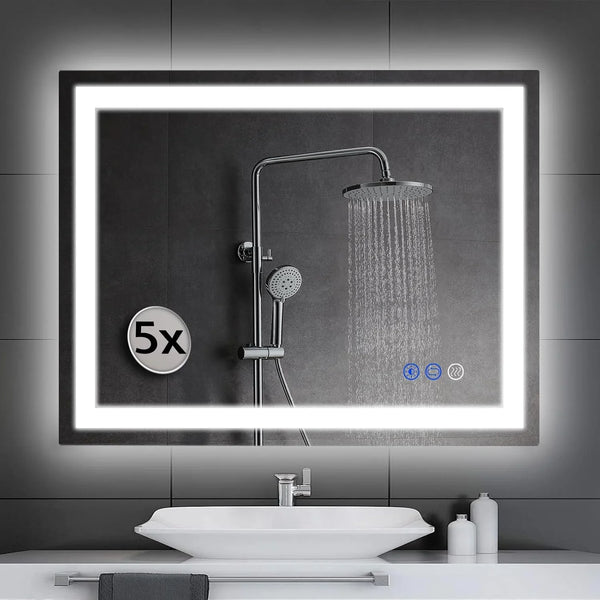LED wall-mounted makeup mirror with lights - suitable for wall-mounted large makeup tables. Features intelligent touch buttons, anti-fog, water resistance, adjustable dimming, color adjustment, and magnifying glass function. C8202