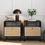 Storage-function side table and bedside cabinet set (2-piece), black oak / black
