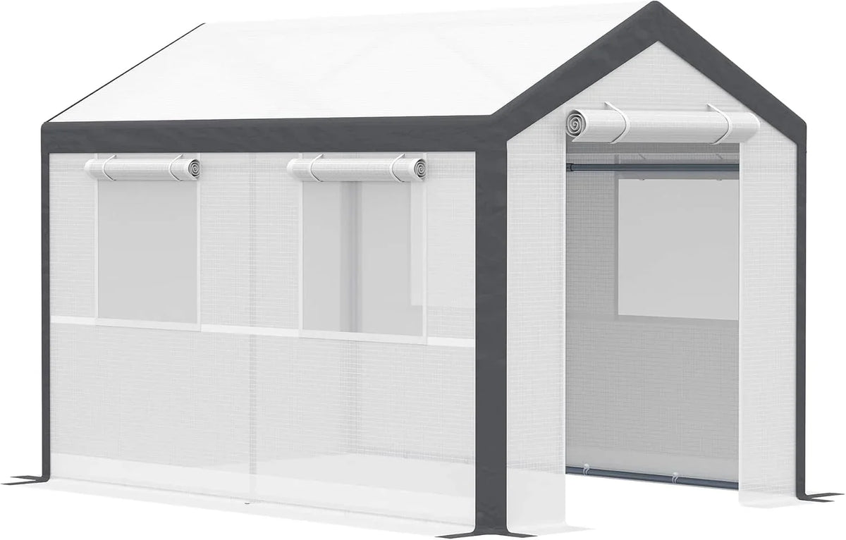 A 20-foot x 10-foot x 9-foot walk-in green house with an outdoor garden greenhouse, equipped with 6 roll-up windows, 2 zipper doors and a rain cover, in white color.