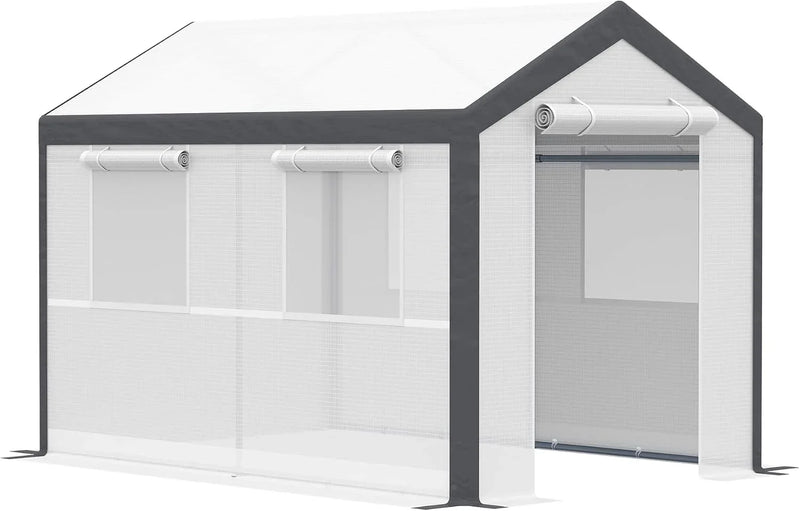 A 20-foot x 10-foot x 9-foot walk-in green house with an outdoor garden greenhouse, equipped with 6 roll-up windows, 2 zipper doors and a rain cover, in white color. J6665