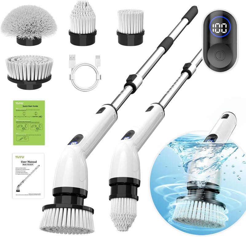 Electric Spin Scrubber, Full-Body IPX7 Waterproof Bathroom Scrubber with Power LCD Display, Adjustable Extension Handle, Cordless Shower Cleaner Brush for Bathtub Kitchen Wall Cleaning G907