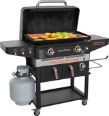 1962 Air Fryer Combo & Two Burners Stainless Steel Gas Hood, Wheels, Two Side Shelf – Heavy Duty Outdoor Griddle Station for Backyard, Patio, 28 inch Black