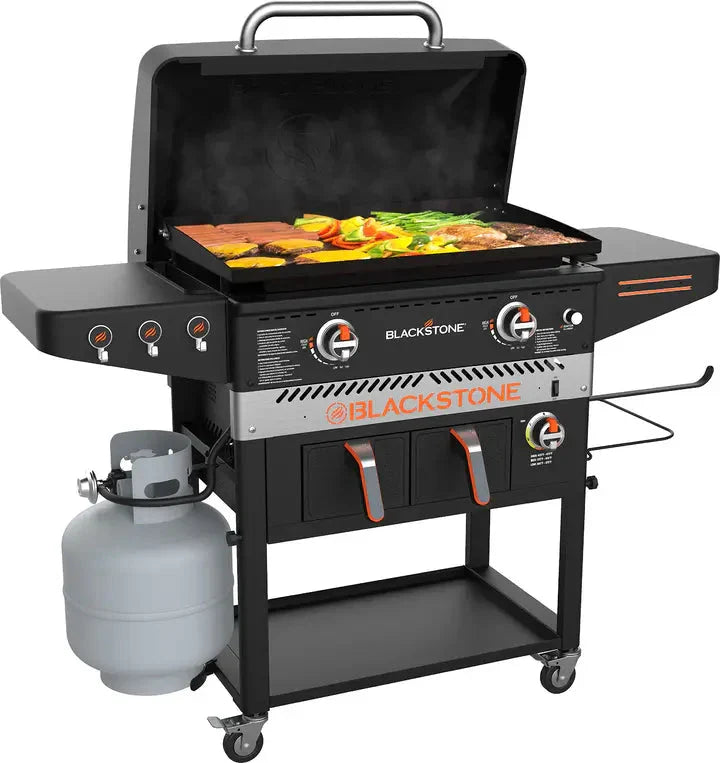 1962 Air Fryer Combo & Two Burners Stainless Steel Gas Hood, Wheels, Two Side Shelf – Heavy Duty Outdoor Griddle Station for Backyard, Patio, 28 inch Black