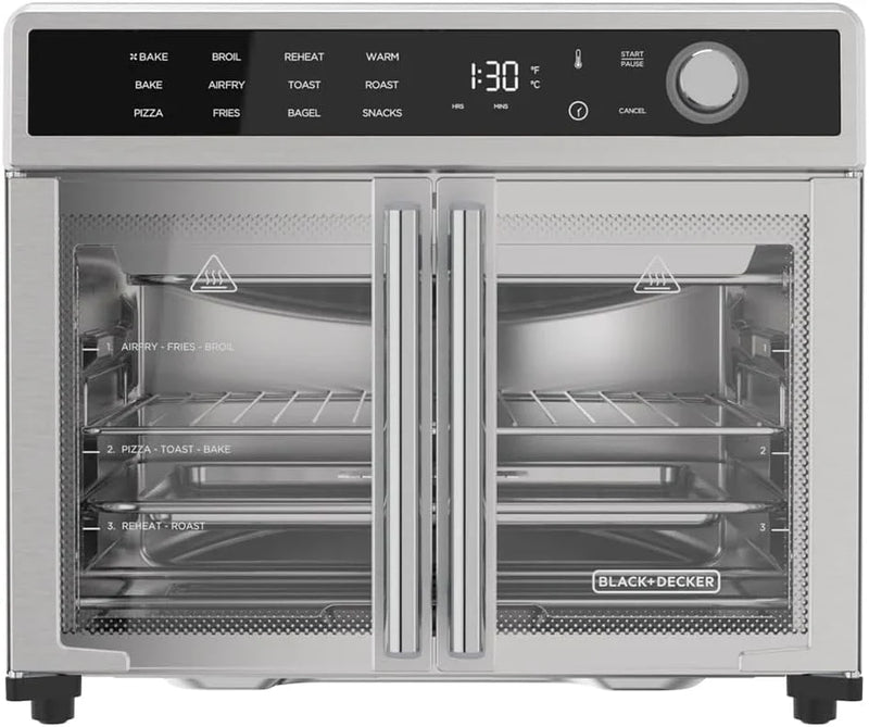 Fryer Toaster Oven Combo, 12 in 1 Countertop Convection Oven Cooks Food Fast, Fits a Whole Pizza or 6 Toast Slices, French Doors with Stainless Steel Finish L7102