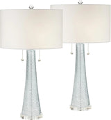 Modern desk lamp, 28.5 inches high, 2 sets. Features a sky-blue textured glass lampshade and a white cylindrical lampshade with a vortex pattern. Suitable room, bedroom, bedside table, night light, office, and home use.