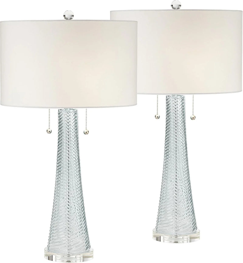 Modern desk lamp, 28.5 inches high, 2 sets. Features a sky-blue textured glass lampshade and a white cylindrical lampshade with a vortex pattern. Suitable room, bedroom, bedside table, night light, office, and home use. V2517