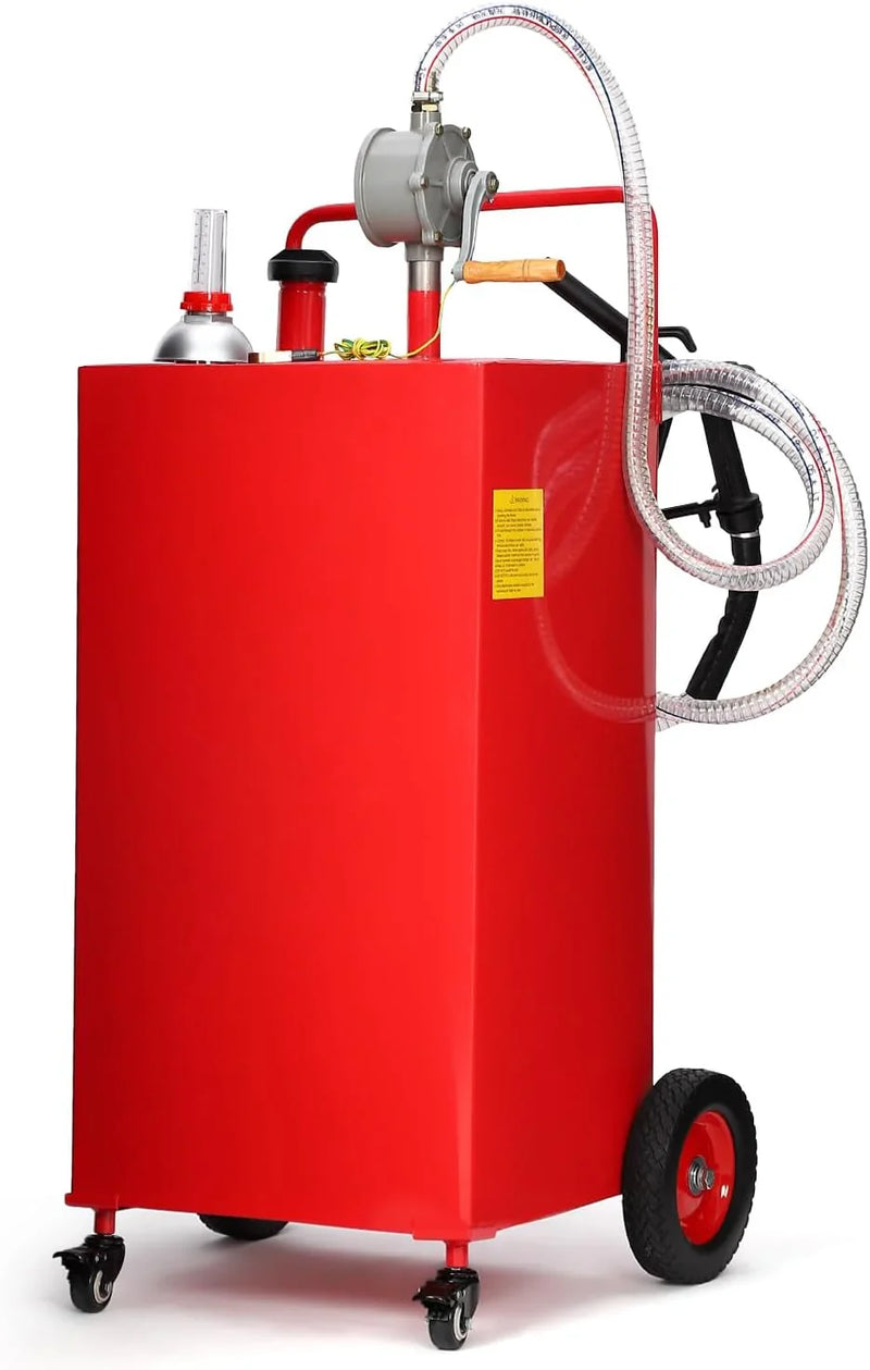 30 Gallon Fuel Caddy, Fuel Tank with Manual Transfer Pump for Gasoline & Diesel, Durable 4-Wheel Design, Mobile Fuel Storage for Cars, Trucks, Boats, Lawn Mowers, Red U9528