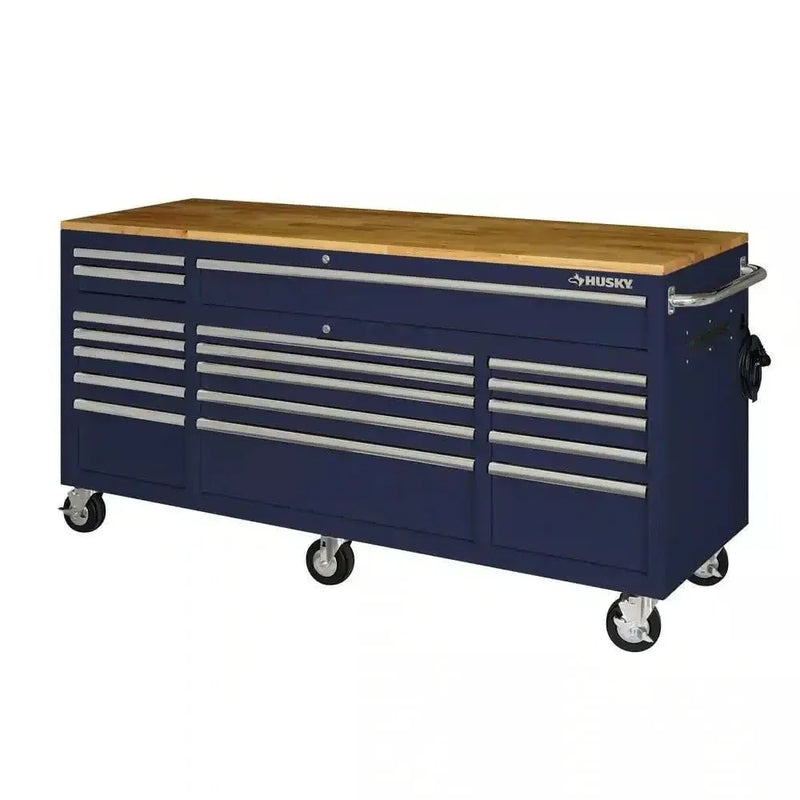 Husky 72 in. 18-Drawer Mobile Workbench with Solid Wood Top in Gloss Blue V2936