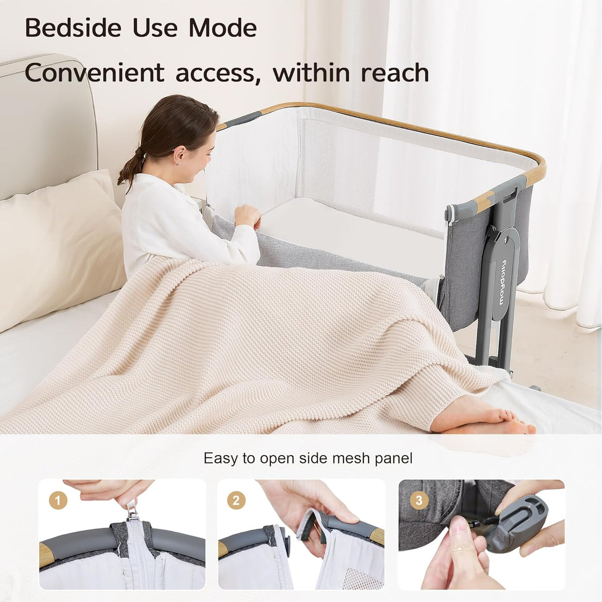 Maydolly Baby Bassinet Bedside Crib, 3-in-1 Baby Bassinet Bedside Bed with Mattress and Soft, Breathable Sheet, 7-Height Adjustable, Stable and Reliable Crib for Nursery