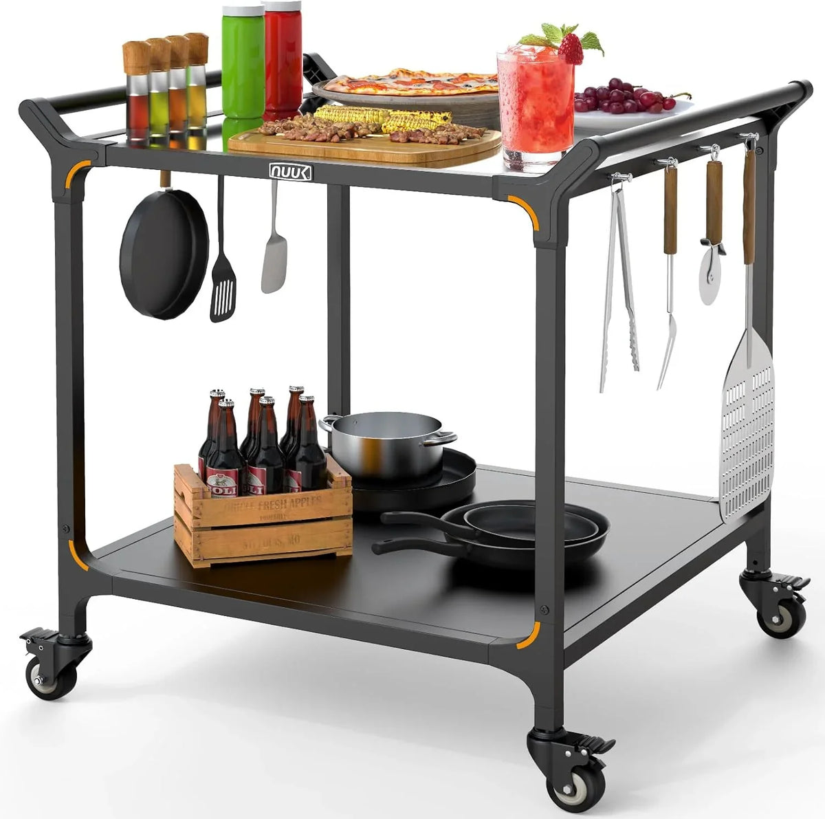 Outdoor barbecue food truck, 32" x 32" stainless steel pizza oven table, mobile barbecue kitchen food preparation cart with double-tiered shelves, suitable for garden patios