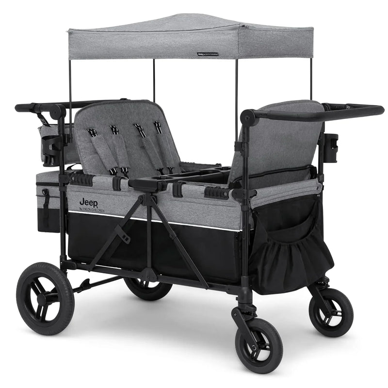 Luxurious 4-seater children's stroller - A high-end 4-seater children's stroller specially designed for 4 children, equipped with convertible seats, adjustable push-pull handles, detachable sunshade, and flat folding device. The color is grey. T7132
