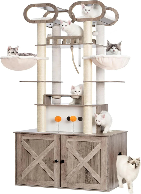 The Habori cat climbing frame with cat litter box storage box, a 76.8-inch wooden Menicos cat tower, equipped with a feeding station and a large platform, modern-style large cat apartment furniture, with a climbing column made of full Nisaal material T460