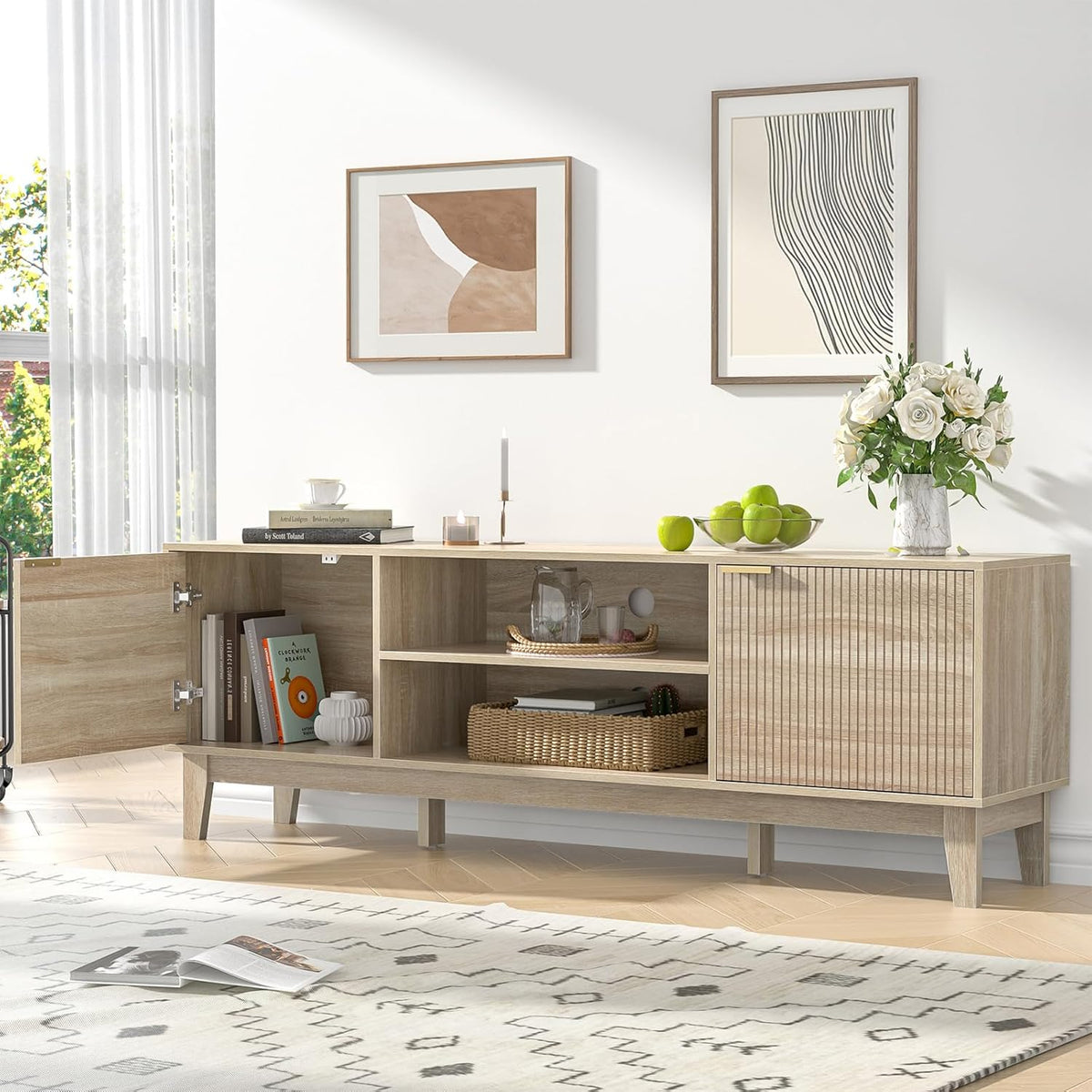 70" TV Stand Room, Fluted Mid-Century Modern TV Console for TVs up to 80 inch, Farmhouse Entertainment Center with 2 Storage, Media Console Table Room, Oak