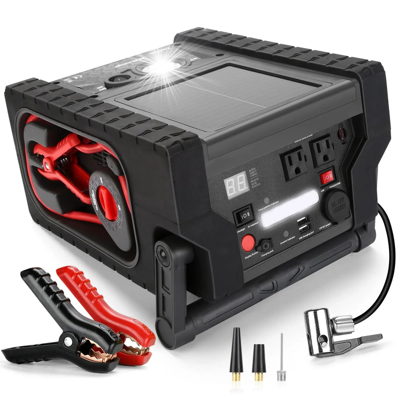 Solar Portable Power Station 2000 Amps Jump Starter, 260 PSI Air Compressor, 12V Car Battery Charger with 400W Inverter Dual AC/DC/USB Output, Emergency Backup Power with Flashlights K8409