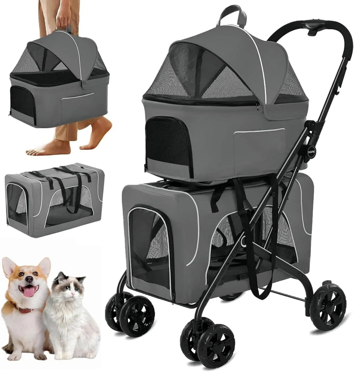 Double Dog Stroller for 2 Dogs, Detachable Carriers, Safety Belt, Lockable Wheels, Pet Travel Carrier Strolling Cart, Folding Cat Stroller for Small Medium Pets Dogs (Blue)