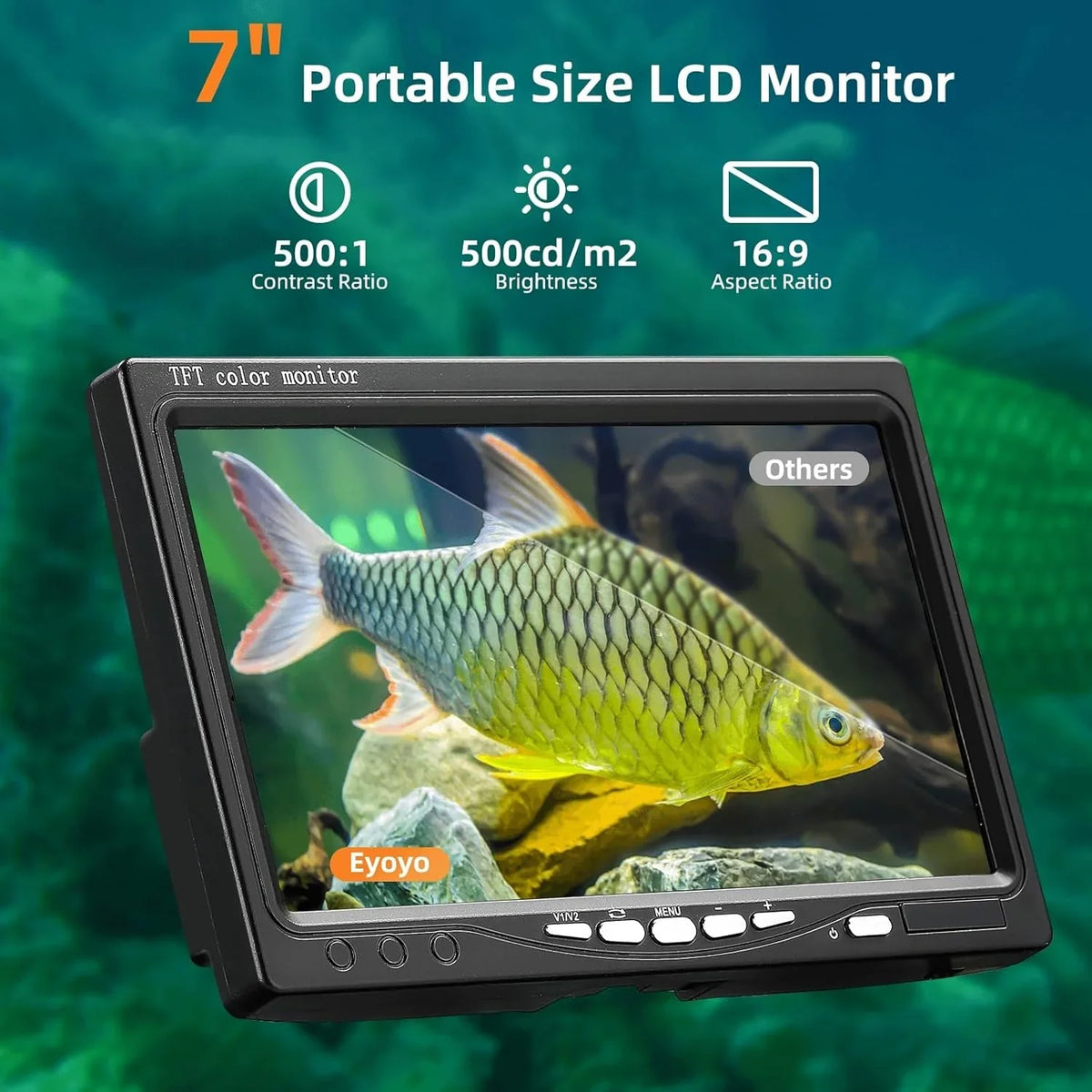 Underwater fishing photography and videography camera, underwater fish detector, fishing photography and videography camera on land/water/river/ice surface, 1000TVL resolution, 7-inch display screen, built-in 12 white lights, 15-meter long cable
