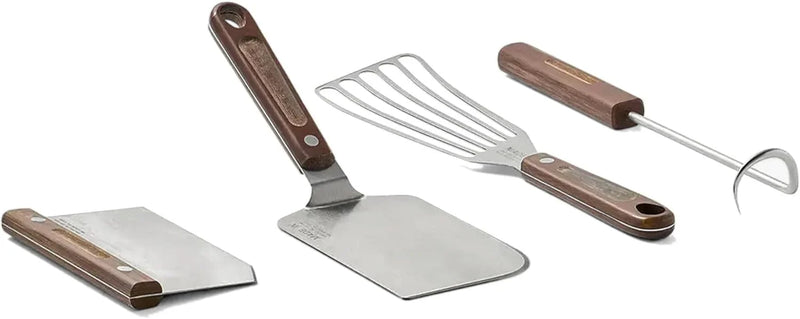 4-piece frying pan set - includes frying pan spatula, workbench scraper, fish spatula and pigtail flipper - brown linen micro-carbon fiber handle G241