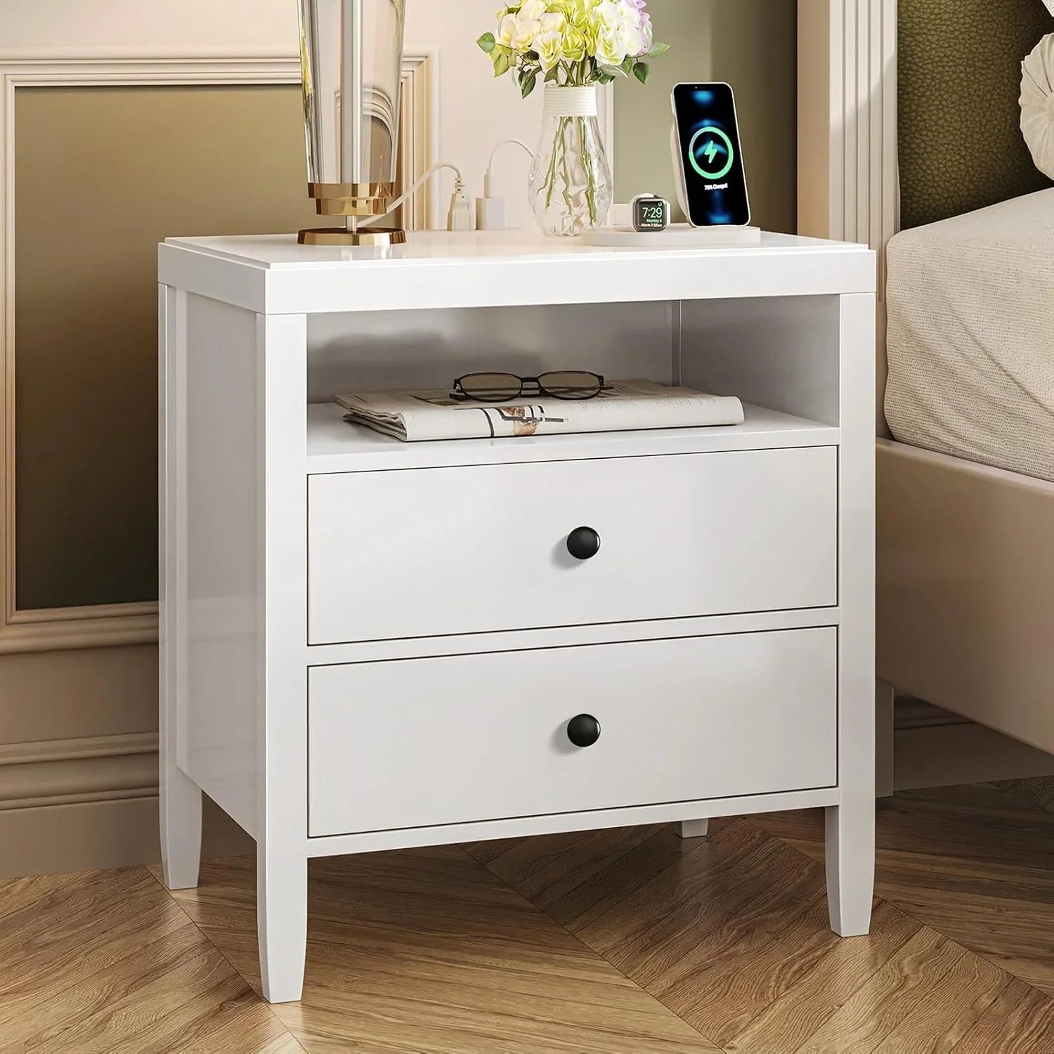 Modern bedside table with black metal finish - 2-piece set