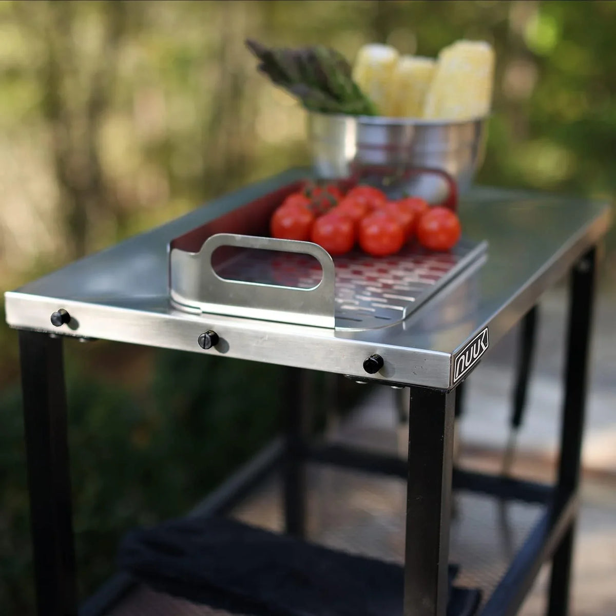 Outdoor barbecue food truck, 32" x 32" stainless steel pizza oven table, mobile barbecue kitchen food preparation cart with double-tiered shelves, suitable for garden patios