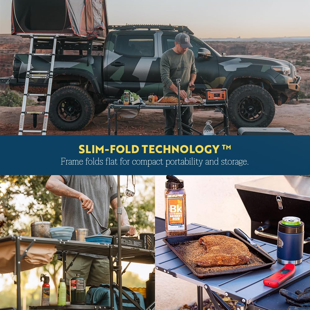 Outdoor chef station | Portable folding kitchen table, equipped with a soft-shell sink, heat-resistant tabletop and telescopic lamp pole, ideal for camping trips