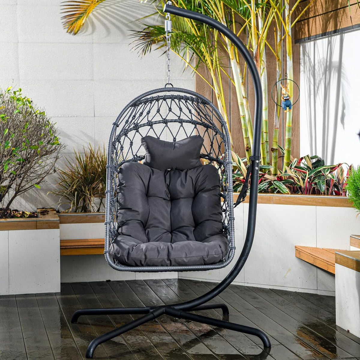 Indoor and outdoor egg-shaped rocking chairs with frames and covers, garden rattan hanging chairs, capacity 450 pounds, with UV-protective cushions, suitable for bedrooms, outdoor balconies, courtyards or living rooms (dark gray)