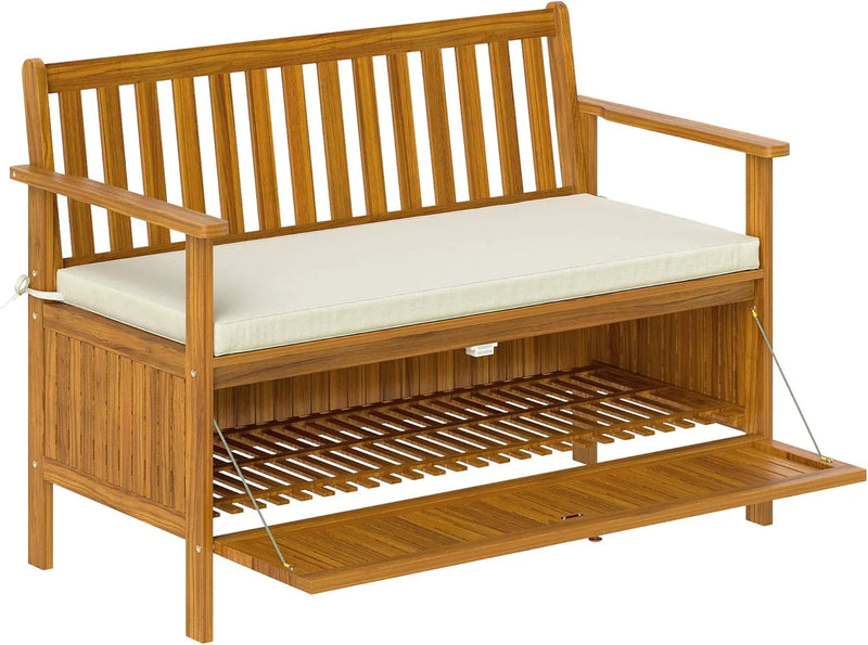 Outdoor bench with storage box, 28-gallon outdoor storage bench, garden seat made of rosewood with cushion, suitable for parks, balconies, and terraces, double-person outdoor furniture, made of teak material T4860