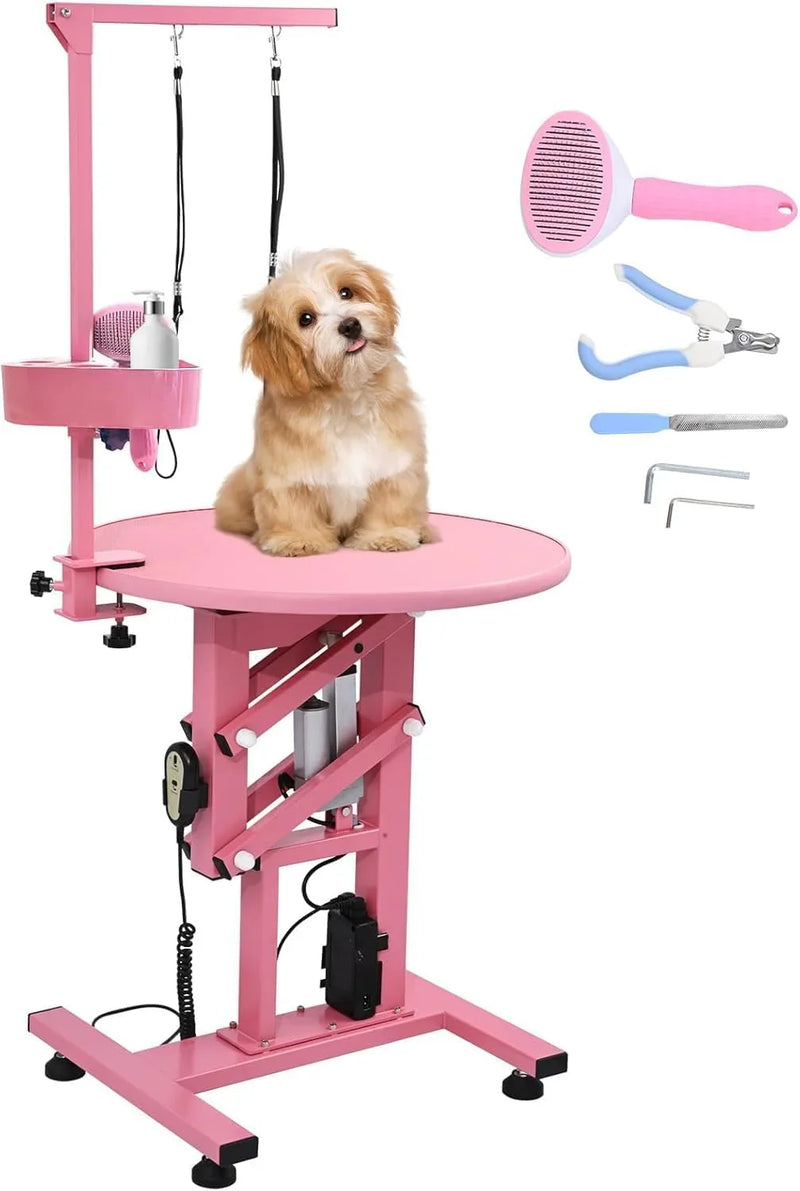 Electric Hydraulic Lift Pet Dog Grooming Table, 24Inch 360° Rotating Grooming Desktop for Small Dogs, with Overhead Arm, Wireless Remote, Tool Organizer, Black L5687