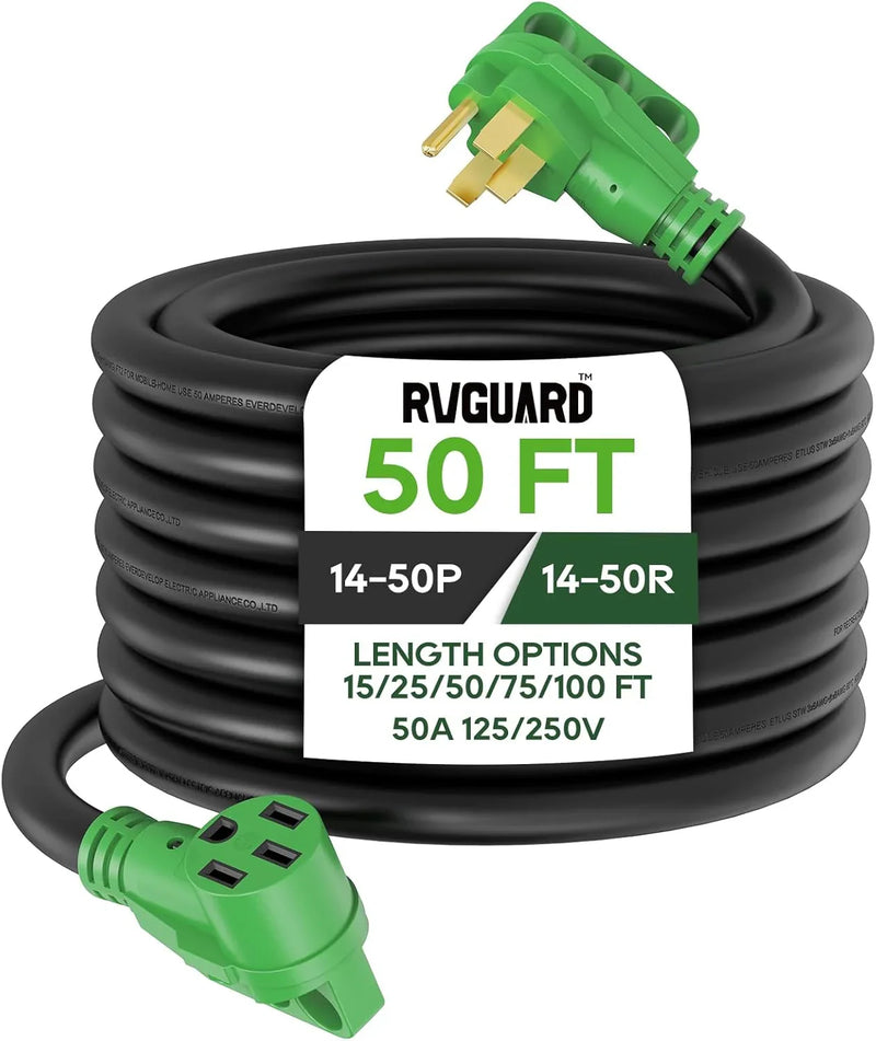 50 Amp 50 Foot RV/EV Extension Cord, NEMA 14-50P/R Heavy Duty Extension Cord with LED Power Indicator and Cord Organizer, Green, ETL Listed E2866