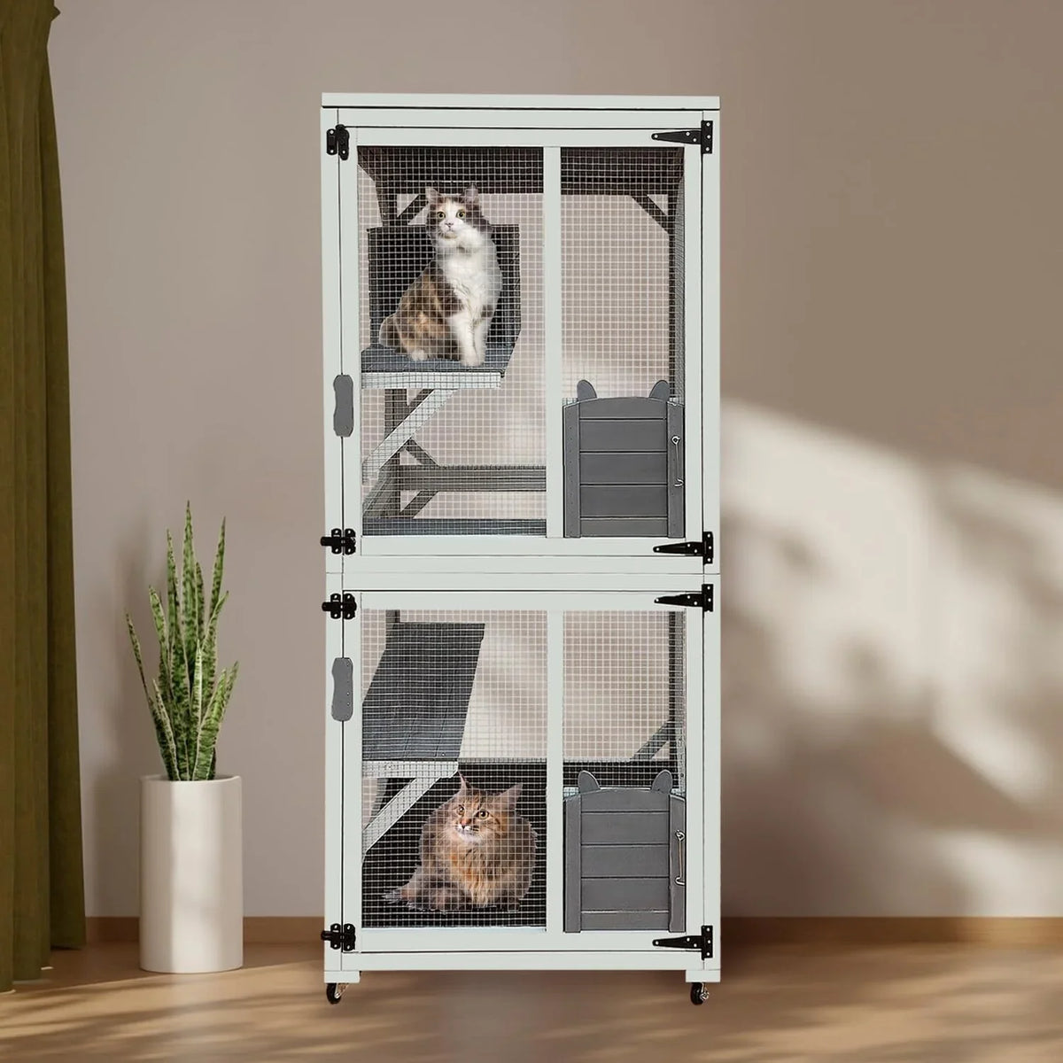 62.6-inch wooden outdoor cat house, large cat cage room, equipped with 7 platforms, 2 rest boxes and a rainproof roof, suitable for multiple pets to use. Step-in cat apartment shelter, white model
