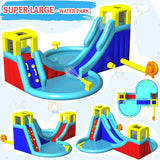 Inflatable Water Slide, 6 in 1 Outdoor Inflatable Water Park with Climbing, Basketball Rim, Splash Pool, Water Cannon, Blow up Water Slides for Kids Backyard