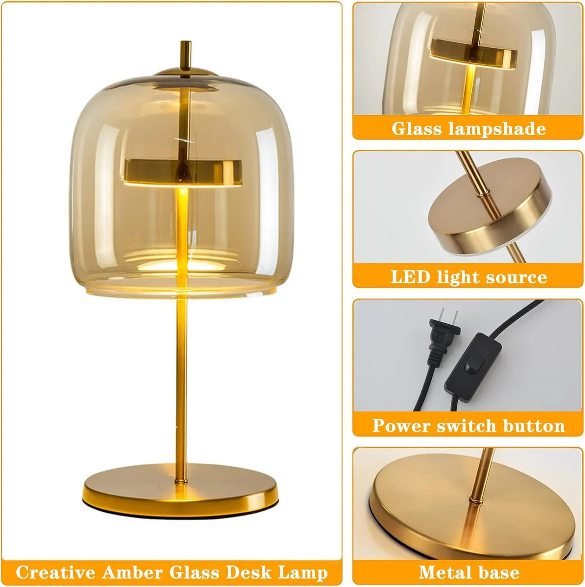 The amber desk lamp, the golden bedside lamp, the round bedside lamp for bedrooms and living rooms with a forged iron base, the glass lampshade and the LED bulb are all fully equipped.