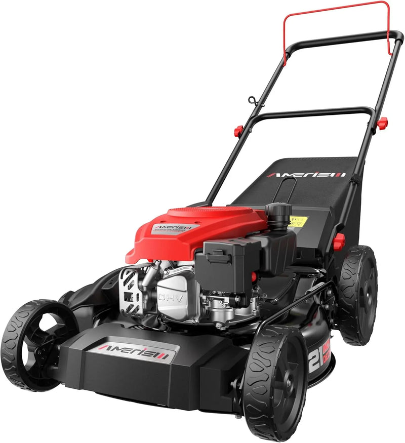 21" Steel Deck Gas Lawn Mower, Heavy-Duty 3-in-1 Push Mower, 144cc 4-Stroke Engine, 6-Position Height Adjustment, Large 1.4 Bushel Grass Catcher, Durable & Efficient for Yard & Garden P2497