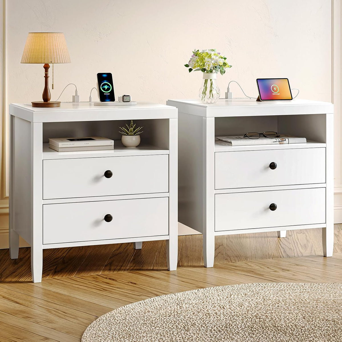 Modern bedside table with black metal finish - 2-piece set