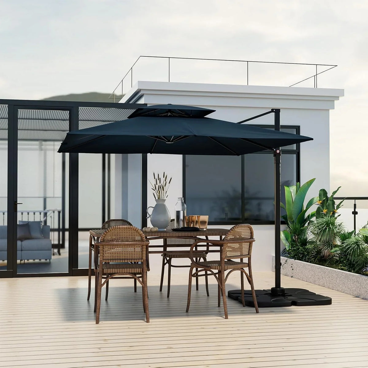 9.5-foot cantilevered patio umbrella, outdoor square offset umbrella, 360° rotatable, double-structured heavy-duty patio hanging umbrella, with cross base, suitable for gardens, patios, swimming pools and backyards.