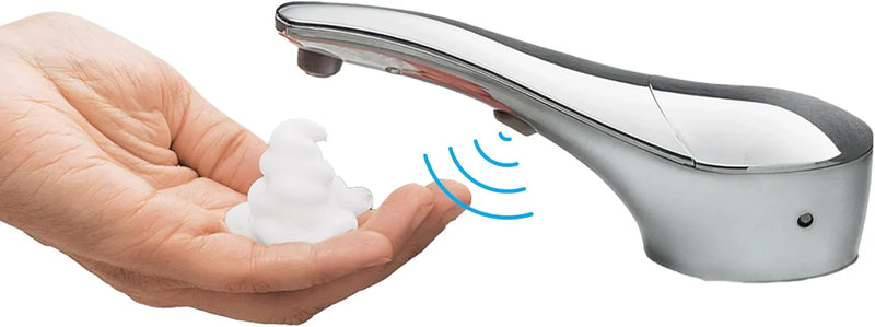 Automatic liquid soap dispenser, with a top-mounted contactless soap nozzle, capacity 34 ounces (1.0 liters), can be placed on the countertop of a public restroom, installation diameter 1-3/8 inches, chrome surface treatment. A9473