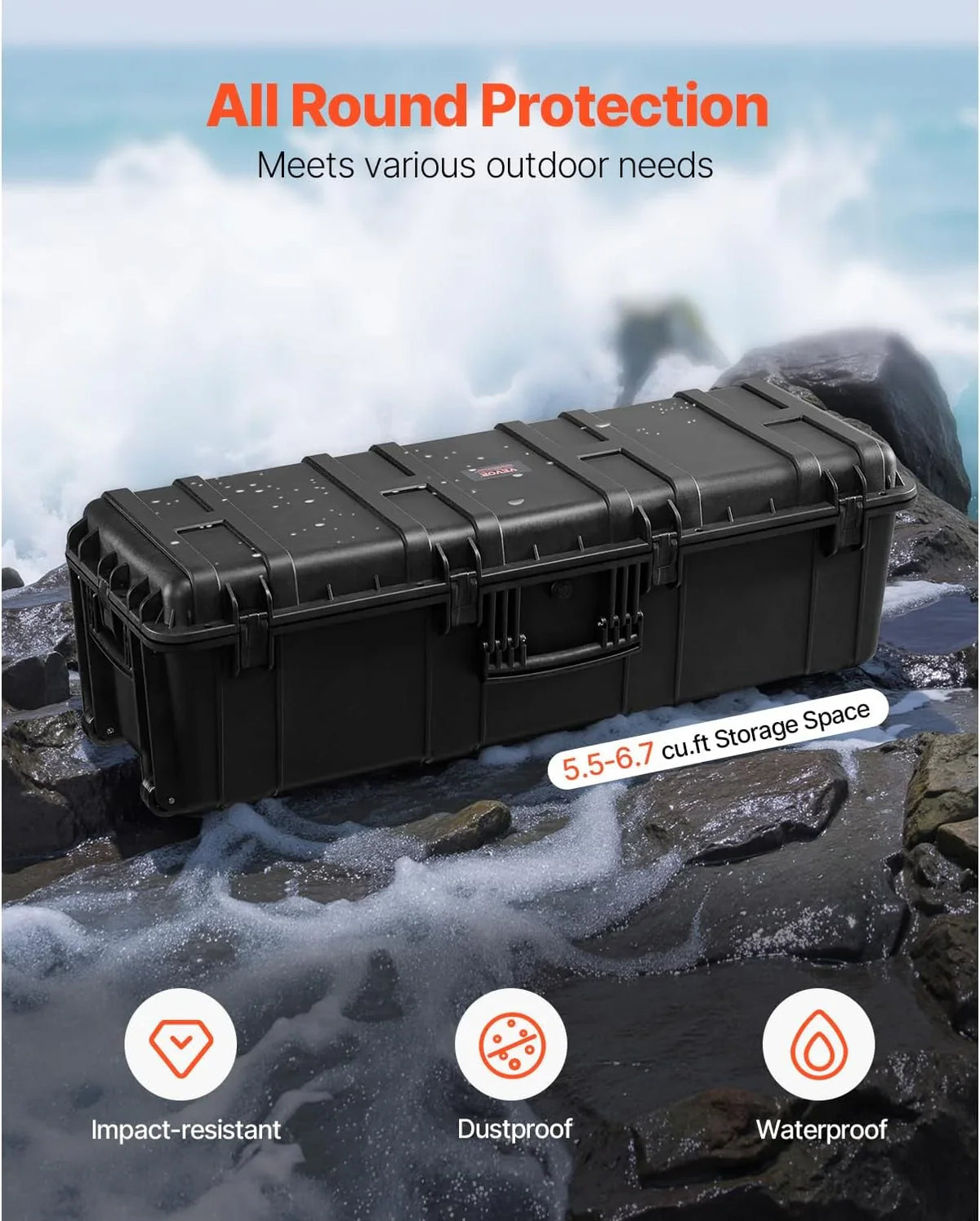 Waterproof sturdy case, large-capacity waterproof sturdy case, equipped with 3 handles, IP67 level waterproof protection case, with 6 clips, 6 lock holes and foam padding for large equipment, black version