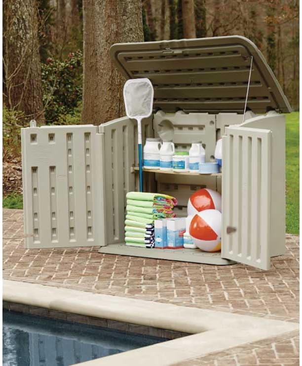 Poly resin outdoor storage shed, with floor (4.5 feet x 3 feet), weather-resistant, beige/brown, suitable for storing and organizing household/backyard/swimming pool chemicals/toys/garden tools/porch/terrace cushions.