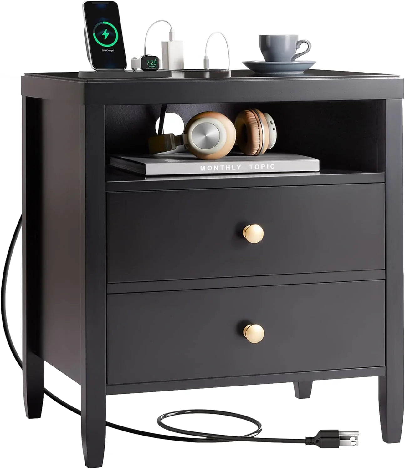 Modern bedside table with black metal finish - 2-piece set