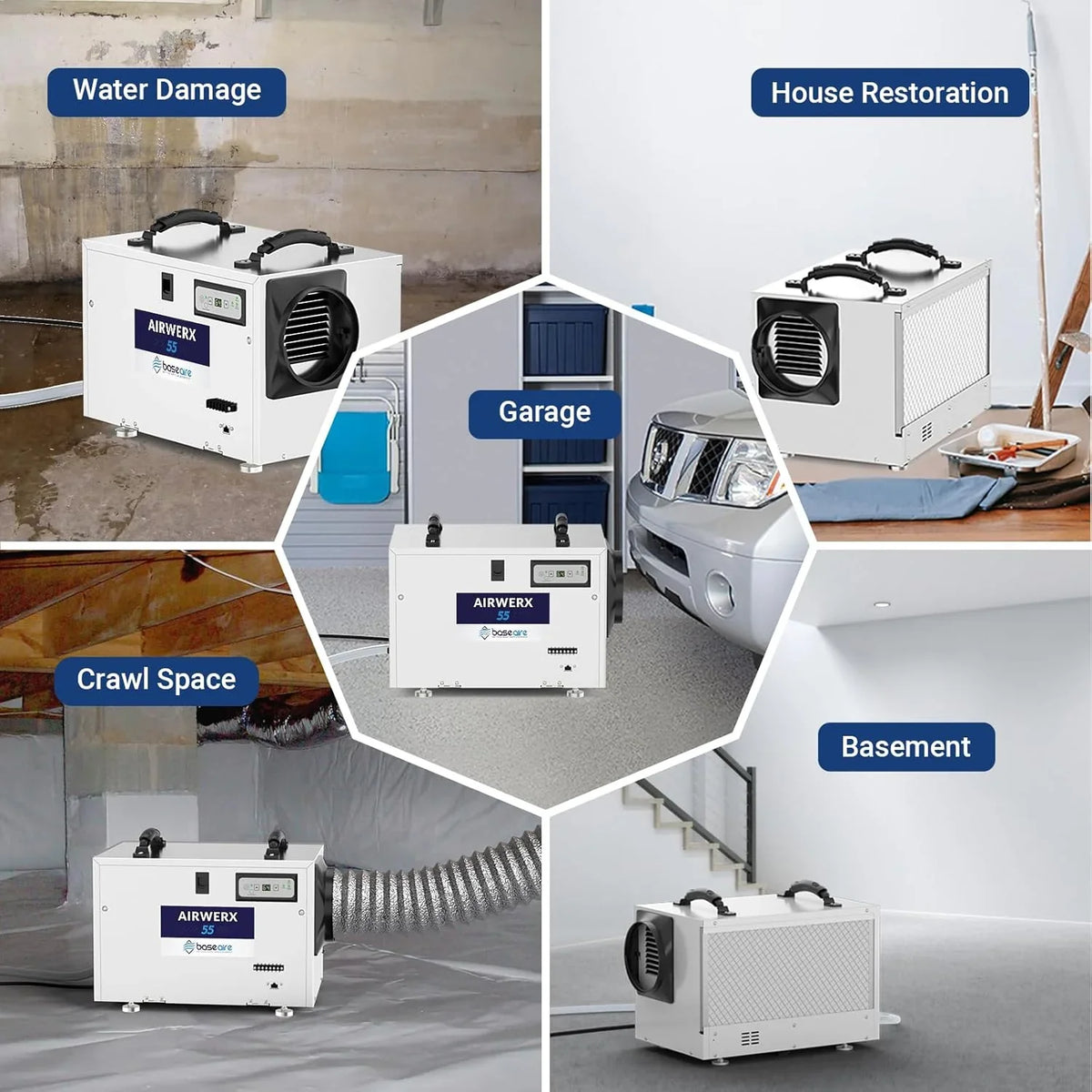 Galon dehumidifier, a drain-equipped basement dehumidifier for commercial, garage, and kitchen use, compact design, automatic defrosting, memory start function, suitable for 1200 square feet of space.