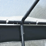 A 20-foot x 10-foot x 9-foot walk-in green house with an outdoor garden greenhouse, equipped with 6 roll-up windows, 2 zipper doors and a rain cover, in white color.