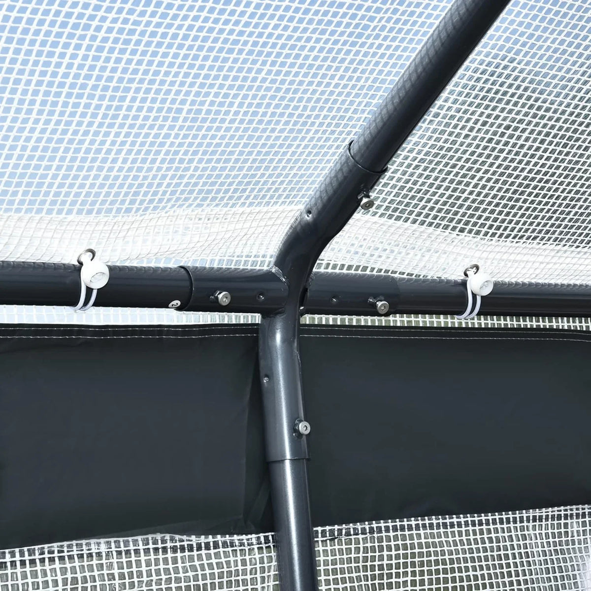 A 20-foot x 10-foot x 9-foot walk-in green house with an outdoor garden greenhouse, equipped with 6 roll-up windows, 2 zipper doors and a rain cover, in white color.
