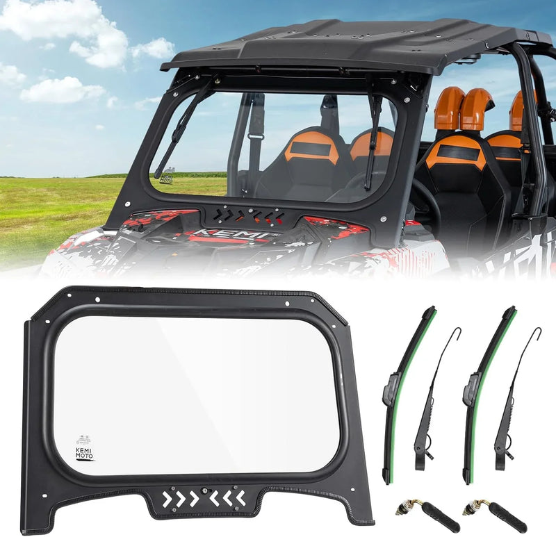 The glass windshield is equipped with 2 manual windshield wipers. It is scratch-resistant and wear-resistant. It is compatible with the 2019 - 2023 models of RZR XP 1000 / RZR XP super sports vehicles. The front windshield has a ventilatio A4579
