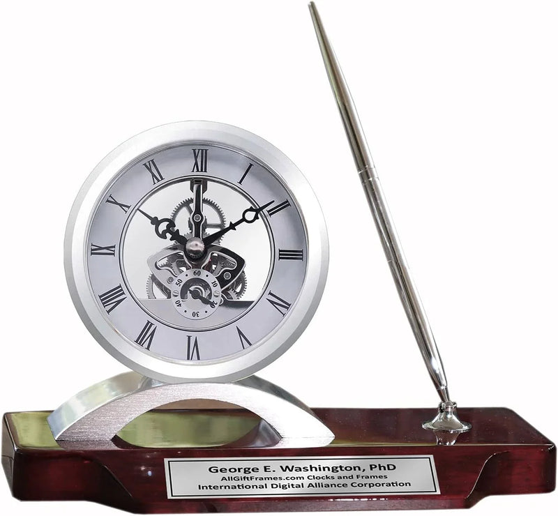 Desk clock, pen set, personalized, unique, silver clock, clear transparent case, gears, da Vinci, timepiece display, metal pen set, wooden desk stand, desk accessories, office, modern home, engraving Y2694