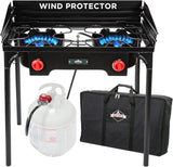 Dual-burner outdoor gas stove | 150,000 British thermal units portable propane stove, with blue flame control, detachable legs, temperature control knob, windproof panel, hose, regulator and storage box