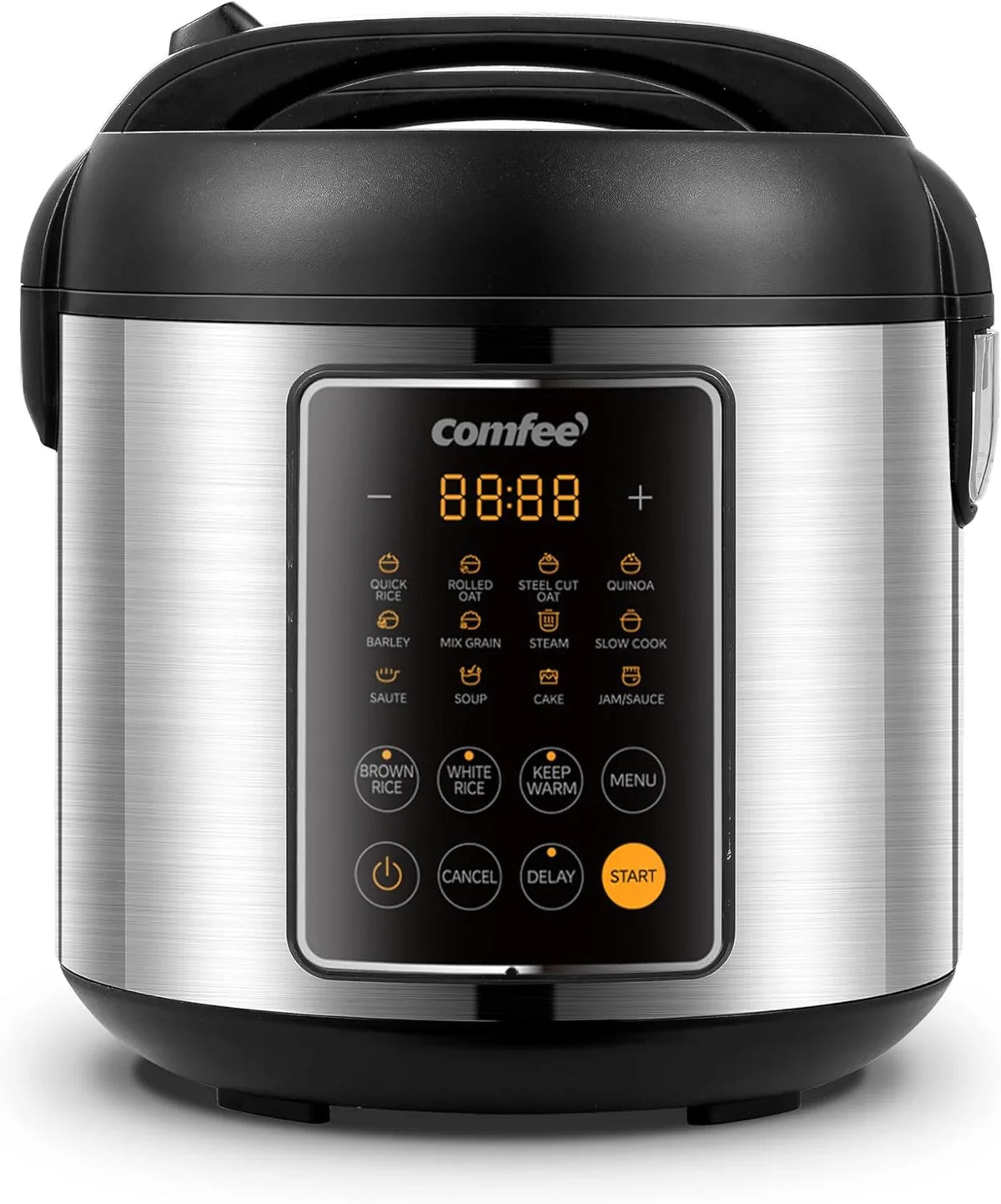 Compact electric rice cooker, 6-in-1 stainless steel multi-functional cooking utensil, slow cooker, steamer, frying pan, heater and warmer, 2-gallon capacity (8 cups cooked, 4 cups uncooked), suitable for brown rice, quinoa and oats, 6 one-button pro