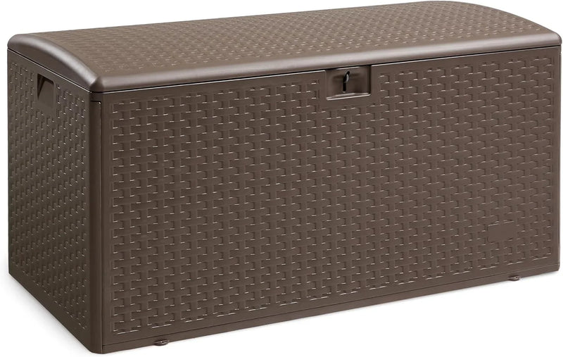 Outdoor patio storage box - 150 gallons. Loft box, waterproof and highly resistant to weather, suitable for furniture cushions and gardening tools, brown color scheme. B4895