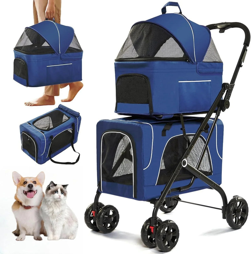 Double Dog Stroller for 2 Dogs, Detachable Carriers, Safety Belt, Lockable Wheels, Pet Travel Carrier Strolling Cart, Folding Cat Stroller for Small Medium Pets Dogs (Blue) O1838