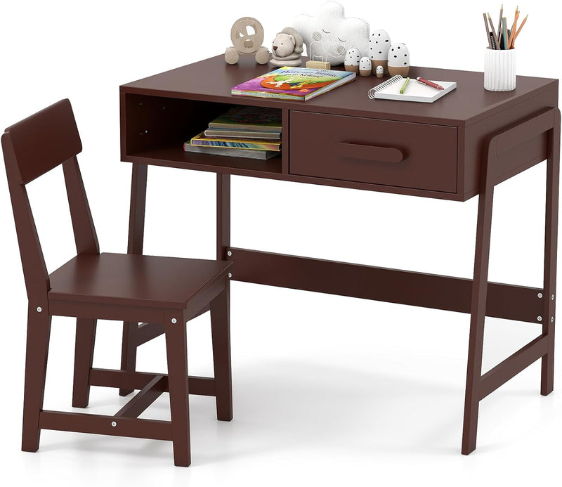 Kids Desk and Chair Set, Wooden Children School Study Table and Chair w/Storage Drawer & Hutch, Student Writing Desk Computer Workstation for Bedroom, Gift for 3 Years Old (White) R510