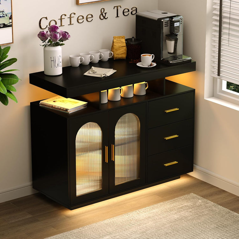 Bar Cabinet Kitchen Storage Cabinet with RGB Light, Human Sensor Design Sideboard Buffet Cabinets, Wood Coffee Bar Table with Shelf Capacity (Black) N2655
